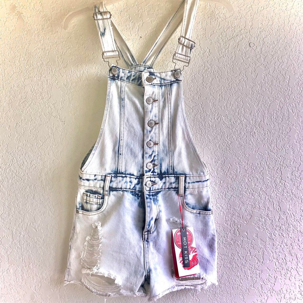 Cute Light Blue Distressed Jean Short Overalls Brand New With Tags